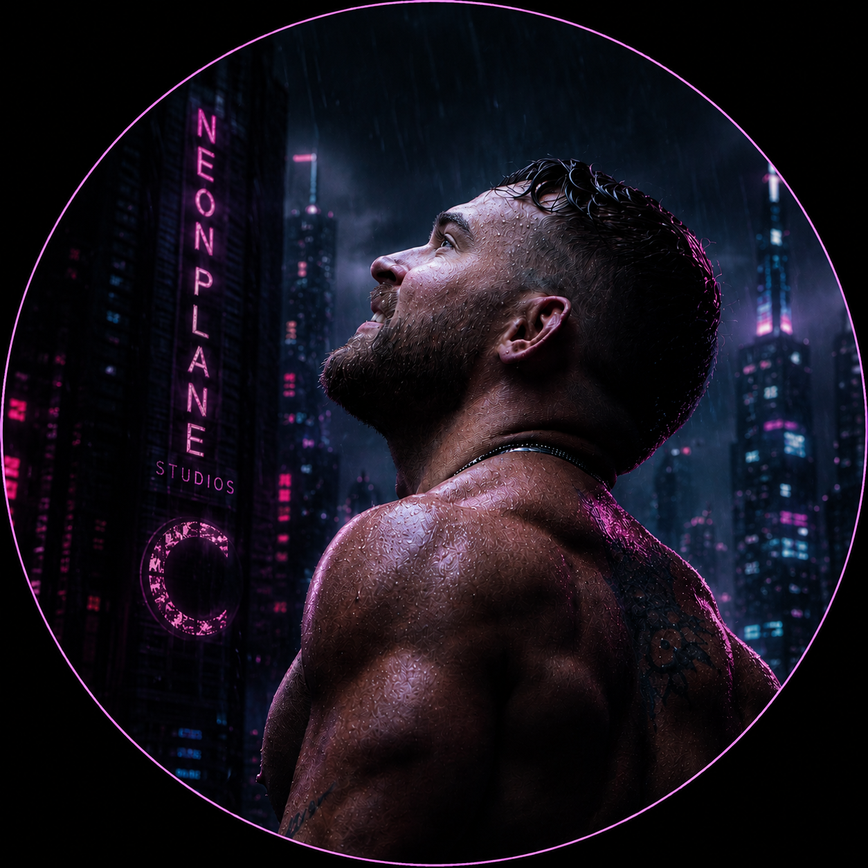 A muscular man with short hair and a tattoo on his shoulder stands in the rain, looking upward with a determined expression. The background features a neon-lit city skyline with the words 'NEONPLANE STUDIOS' in pink neon lights.